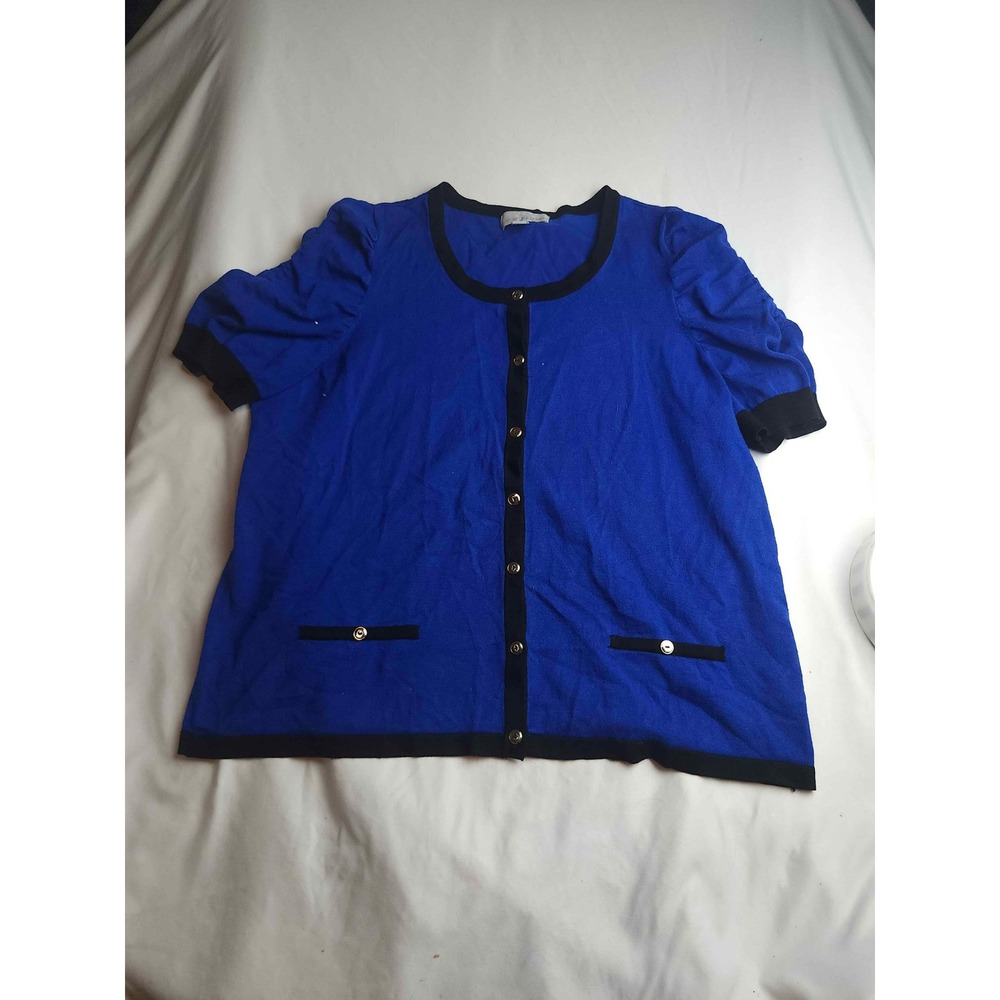 Carolyn Taylor Woman Royal Blue Black Trim Short Sleeve Cardigan Knit Top 2X